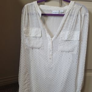 Liz Claiborne cream blouse with silver polka dots